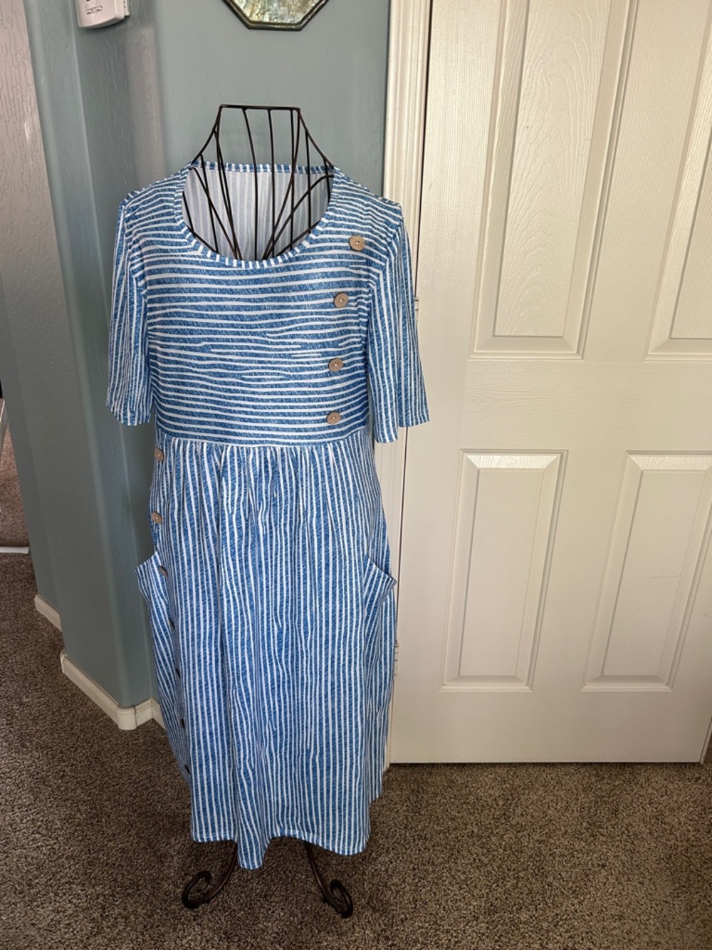 Blue Stripe Midi Dress with Button Detail is Great for Casual Outings